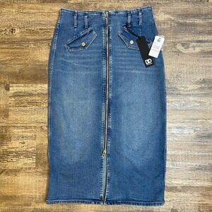 DO Dew Ocleppo Denim MIDI Skirt Size 10 NEW Front Zip Clean Girl Y2K Luxe Sleek